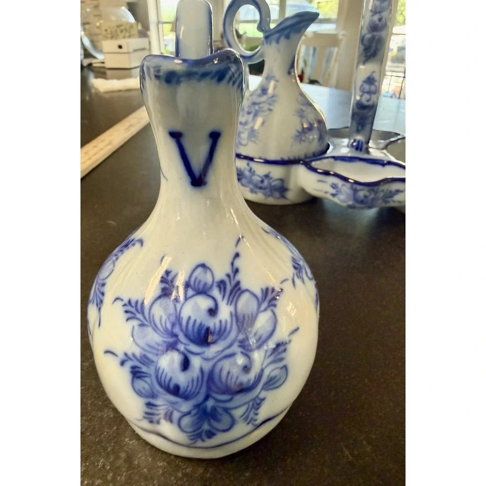 Vintage Pedros Alcobaça Portugal Blue White Cruet Set Oil Vinegar Caddy
